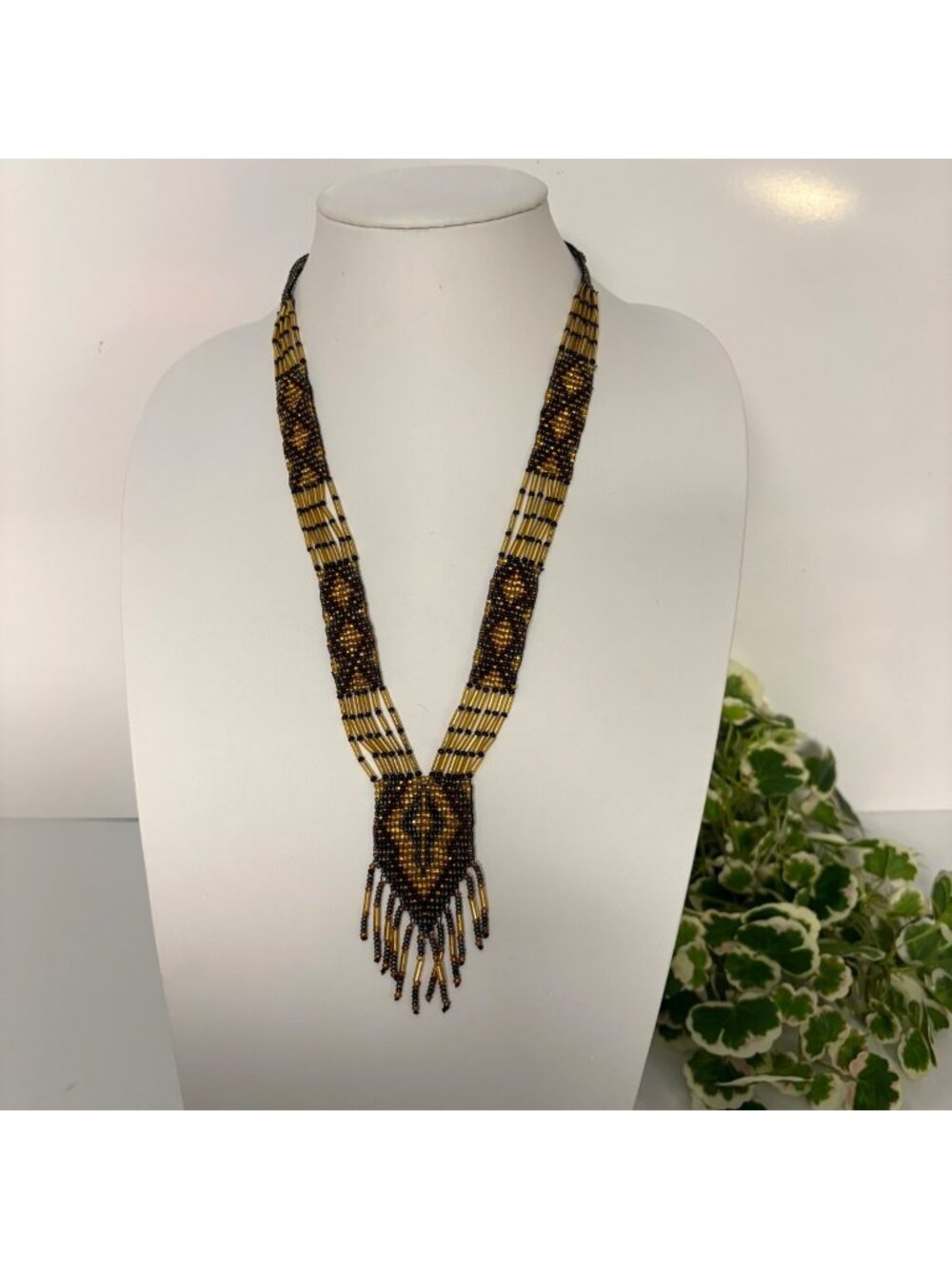 Handcrafted Beaded Necklace Fringe Detailing Black Brown Gold Tribal-Inspired